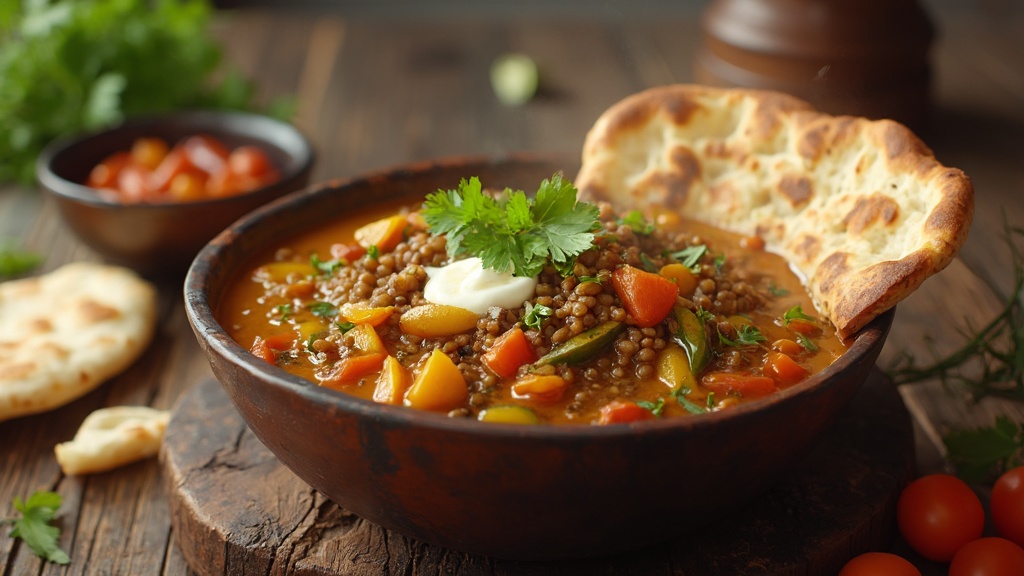 Eine bunte Schüssel mit dampfendem Linsencurry mit leuchtenden Gemüsesorten, garniert mit frischem Koriander und einem Klecks Joghurt, serviert mit Naan-Brot