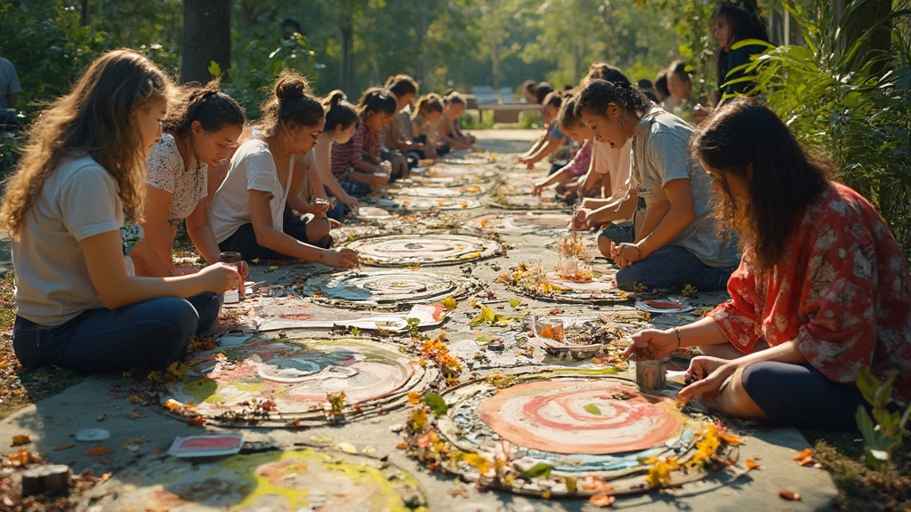 Gruppe von Menschen mit Behinderungen erstellt Naturkunst im Freien