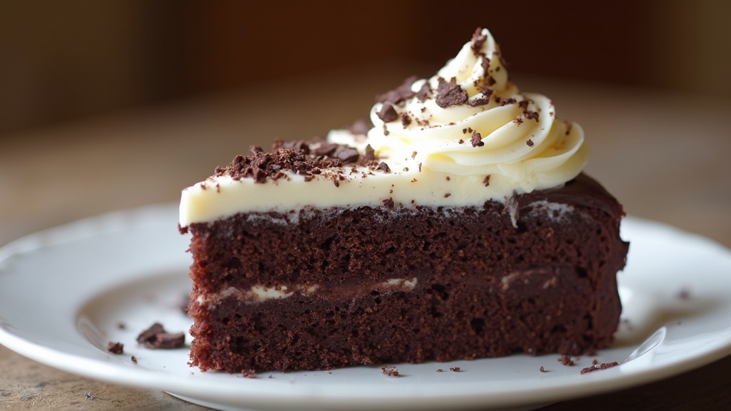 Ein Stück saftiger Schokoladenkuchen mit einem tiefen Rotton, gekrönt von einer Spirale aus Frischkäsefrosting und garniert mit dunklen Schokoladenraspeln