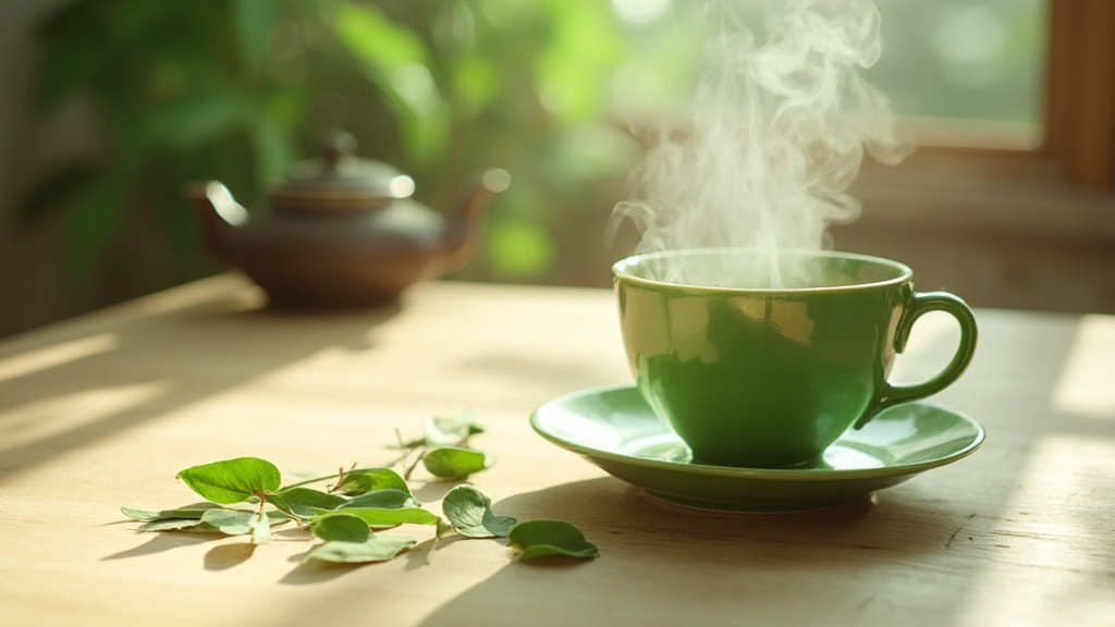 Tasse grüner Tee mit frischen Teeblättern und japanischer Teekanne