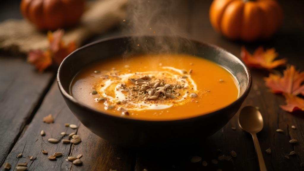 Eine dampfende Schüssel leuchtend oranger Kürbissuppe mit einem Spritzer Kürbiskernen und einem Sahnewirbel, vor einem dunklen Holzhintergrund