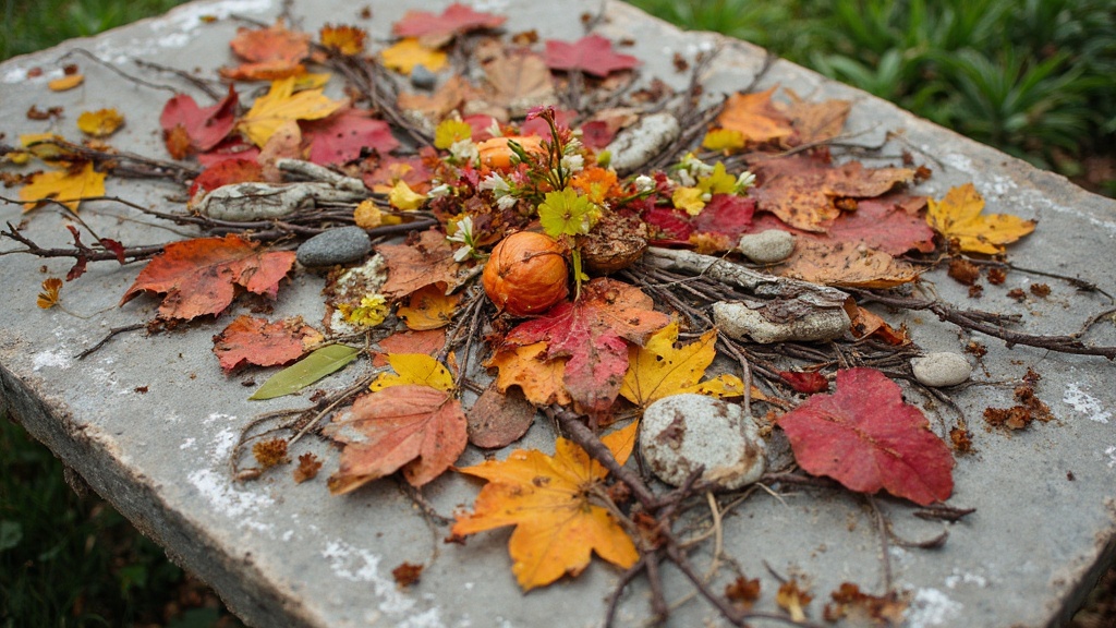 Ein Naturkunstwerk aus Blättern, Steinen, Zweigen und Blüten, das ein komplexes Muster oder Bild auf einer flachen Oberfläche im Freien bildet