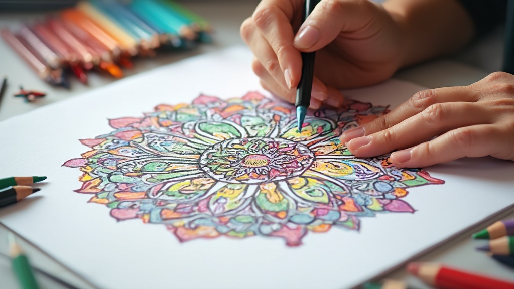 Hände, die ein detailliertes Mandala-Muster auf weißem Papier zeichnen, umgeben von Buntstiften