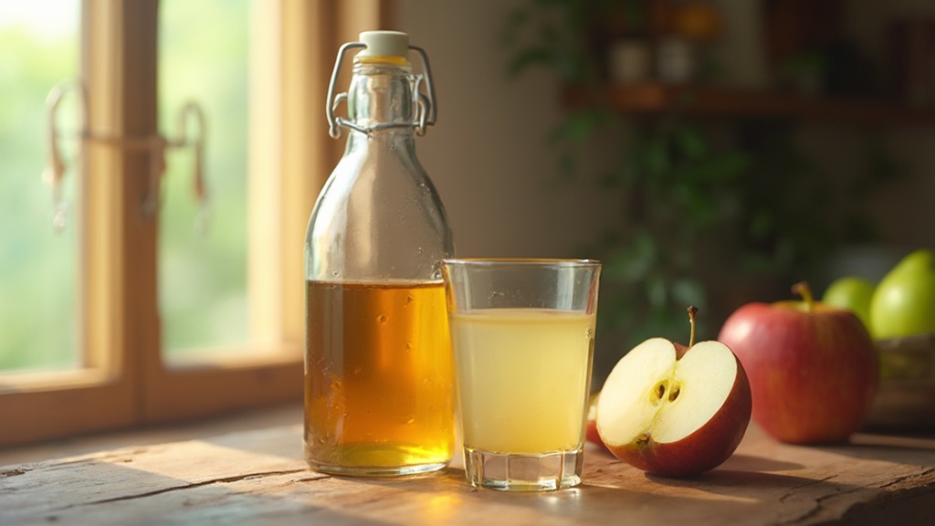 Flasche Apfelessig neben einem geschnittenen grünen Apfel und einem Glas verdünntem Apfelessig-Getränk