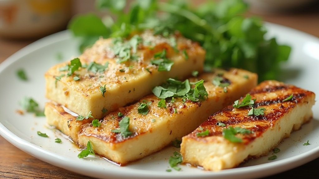 Ein Teller mit gegrillten Tofu- und Tempeh-Scheiben, garniert mit Kräutern