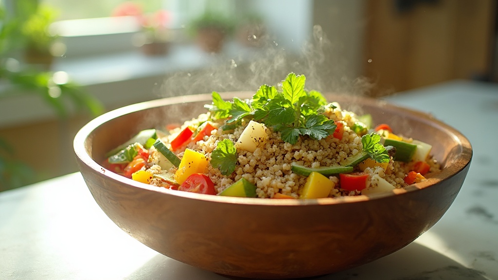 Eine Schüssel gekochtes Quinoa mit frischen Kräutern und Gemüse