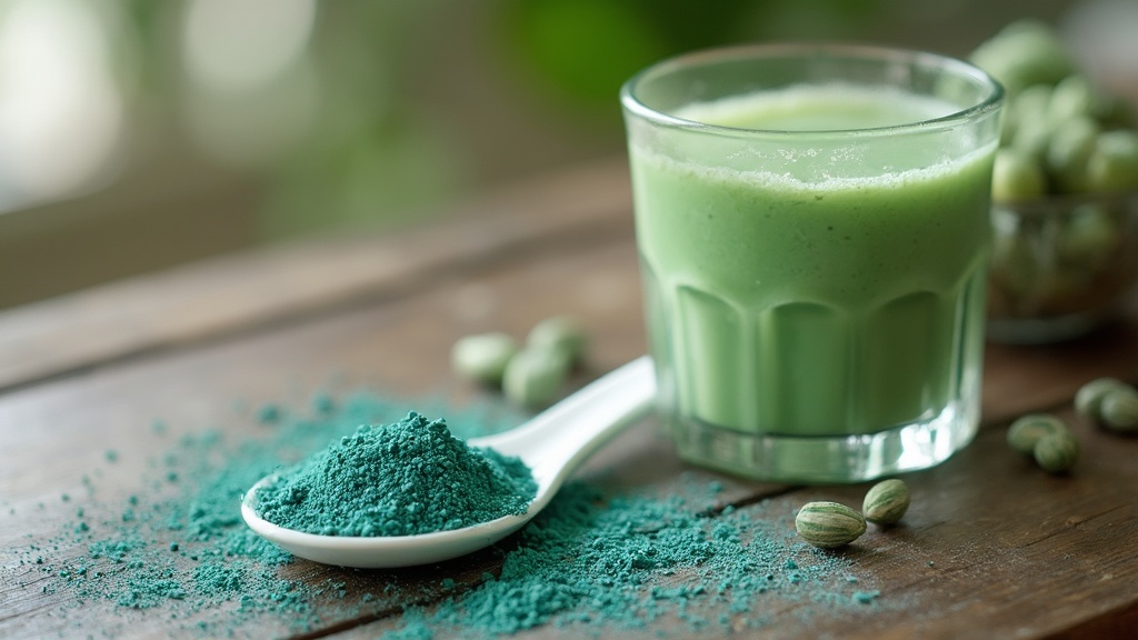 Ein Löffel voll leuchtend blaugrünem Spirulina-Pulver neben einem Glas Smoothie