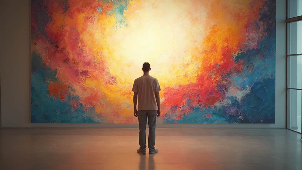 Person vor einem großen, bunten Kunstwerk, die Offenheit und spirituelles Wachstum ausstrahlt